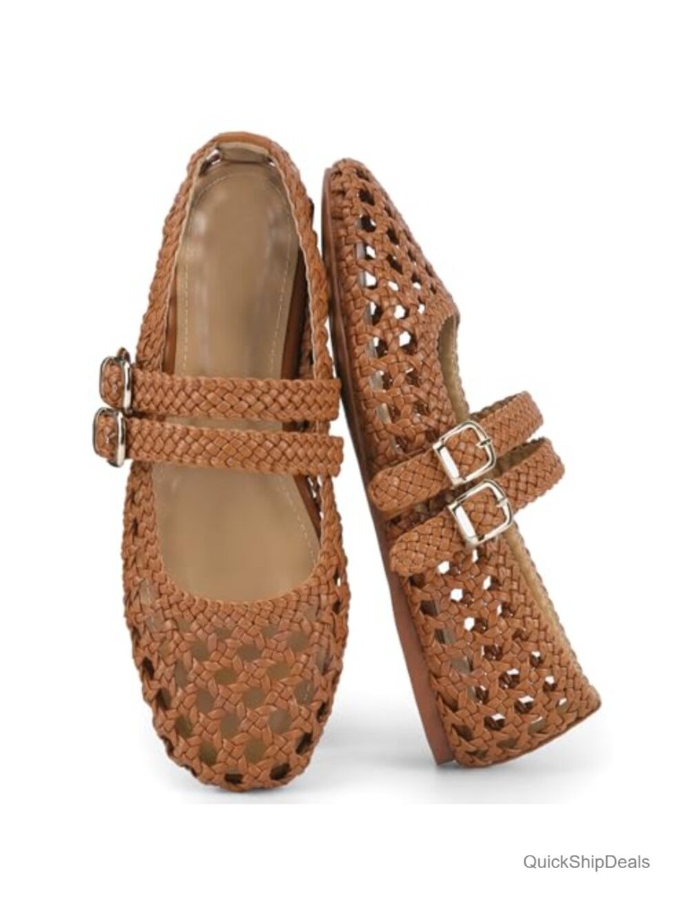 Woven Double Buckle Mary Jane Flats for Women Flat Heel Casual